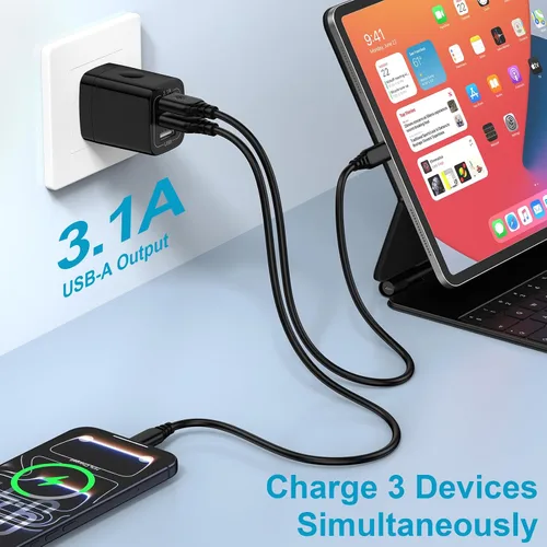 Vista 3 de Cargador de pared USB, paquete de 2 enchufes de pared de 3 puertos múltiples cargador rápido bloque cubo 3.1A adaptador de corriente para iPhone 17