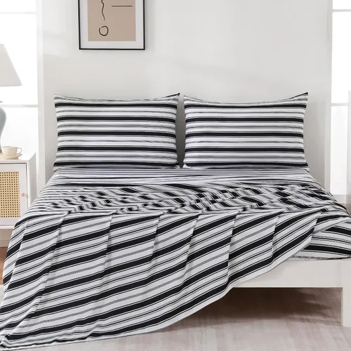 Vista 2 de MCO Juego de sábanas a rayas de 4 piezas, juego de sábanas Full transpirable con bolsillo profundo de 16", moderno y lujoso, juego de ropa de cama