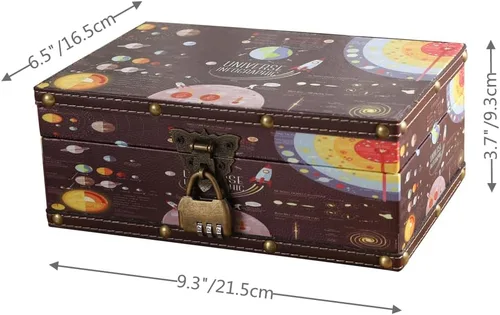 Vista 3 de WANLIAN Cofre de madera y cuero con tapa y cerradura - Caja decorativa de joyería y recuerdos para niños, adolescentes, para cumpleaños, bodas, día