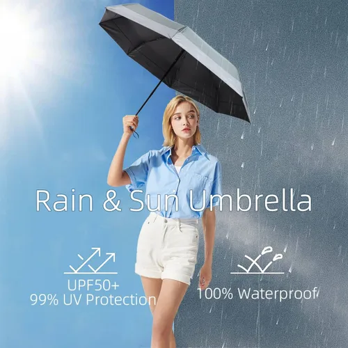 Vista 2 de Paraguas de viaje compacto plegable, paraguas pequeño para lluvia y sol, sombrilla con protección UV, bloqueador UV, 8 varillas resistente al