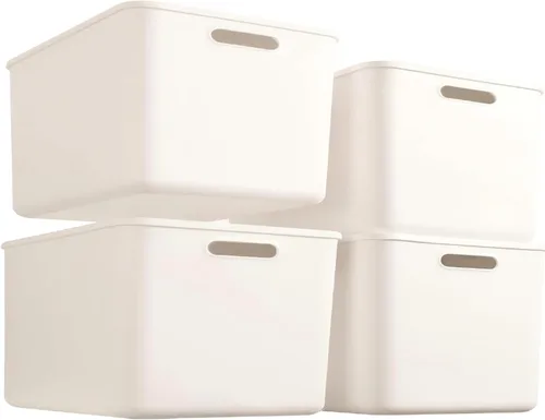 Vista 13 de Cestas de almacenamiento de plástico de 4 piezas con tapas, contenedores organizadores apilables de 11.8 x 8 x 10 pulgadas con asas, contenedores