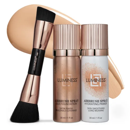 Vista 20 de LUMINESS Silk Airbrush Spray Foundation Kit de 3 piezas – base, prebase y brocha de maquillaje en ángulo de doble cara – Cobertura modulable