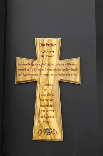 Vista 2 de Cruz de pared de oración del Señor, madera de olivo, hecha a mano en Bethlehem y Jerusalén, Tierra Santa, única en su clase, muy especial, con hojas