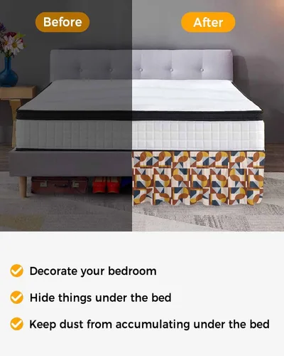 Vista 3 de Falda de cama retro moderna, tamaño Queen de 16 pulgadas de caída, ajustable y elástica, plisada, con volantes de lujo para cama base individual