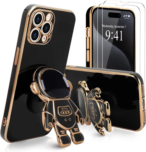 Vista 20 de Pepmune - Funda para iPhone 15 con soporte de astronauta 3D, color negro [2 Screen Protector], Luxury Electroplated Soft TPU Cover with Kickstand