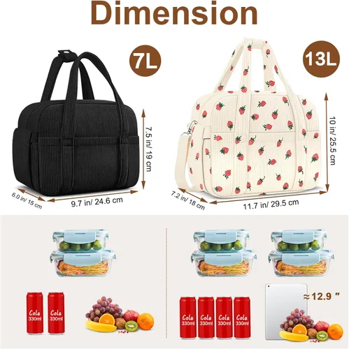 Vista 6 de KUBYA Lonchera de Pana Bolsa de Almuerzo para Mujeres y Hombres, Linda Fresa Pequeña Aislada Reutilizable Trabajo A Prueba de Fugas Simple Loncheras