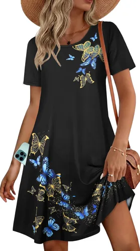 Vista 21 de Vestidos de verano para mujer, informales, holgados, estilo camiseta, florales, de manga corta, con vuelo y bolsillos, para la playa