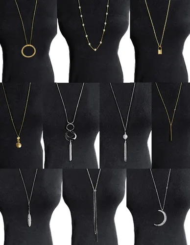 Vista 8 de 10 piezas de collar largo con dije de barra de luna simple, tres triángulos, borla bloqueo, suéter en forma de Y, gargantilla de cadena punk