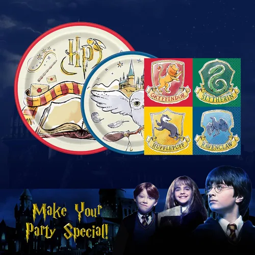 Vista 5 de Unique Paquete de vajilla de Harry Potter para 16 invitados, servilletas de almuerzo, postre y platos de cena, tema de libro de magos de Hogwarts