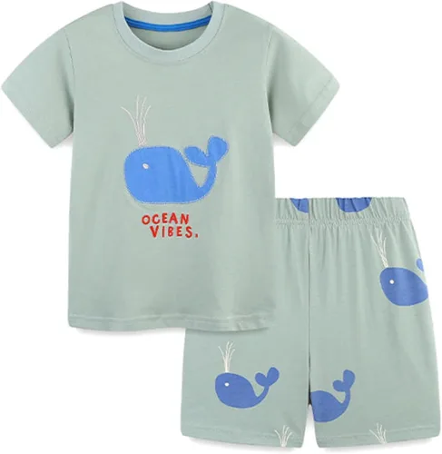 Vista 2 de Conjunto corto de algodón para niños pequeños, camiseta y camiseta de manga corta, 2 piezas Patrón de animales de dibujos animados.