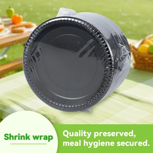 Vista 5 de Paquete de 150 platos de plástico negro de 9 pulgadas, envoltura retráctil, listos para usar Heavy Duty BPA Free Mineral Filled PP Microwave &