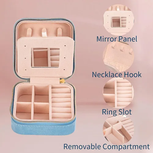 Vista 3 de Joyero de terciopelo de viaje con espejo, mini estuche de regalo para mujeres y niñas, pequeñas cajas organizadoras portátiles para anillos, aretes