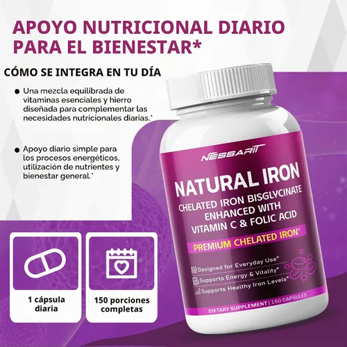 Vista 6 de Bisglicinato de hierro natural Nessarit 6 en 1 con vitamina C, 150 cápsulas
