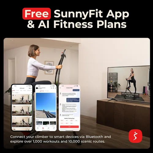 Vista 5 de Sunny Health & Fitness Escalador de escaleras para el hogar, escalador plegable inteligente SunnyFit App Connection, Long Stride Length, Home Gym