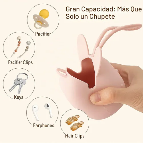 Vista 3 de ROCCED Funda de silicona para chupetes con diseño de conejito con correa de silicona suave, almacenamiento de viaje para cochecito y bolsa