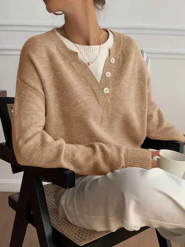 Vista 4 de SOLY HUX Suéteres Pullover para Mujer de Manga Larga con Botones Cuello Redondo 2 en 1 Tops de Punto Holgados Albaricoque y Beige