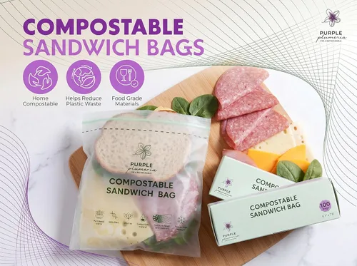Vista 3 de Bolsas de almacenamiento de alimentos 100% compostables resellables (100 cremalleras ecológicas), a base de plantas, a prueba de fugas, duraderas