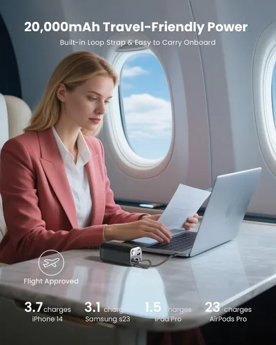 Vista 8 de Cargador Portátil Power Bank 20,000mAh para Viajes y Aire Libre, Cargador Portátil de Super Carga Rápida PD 35W con 2 Cables Integrados, Pantalla