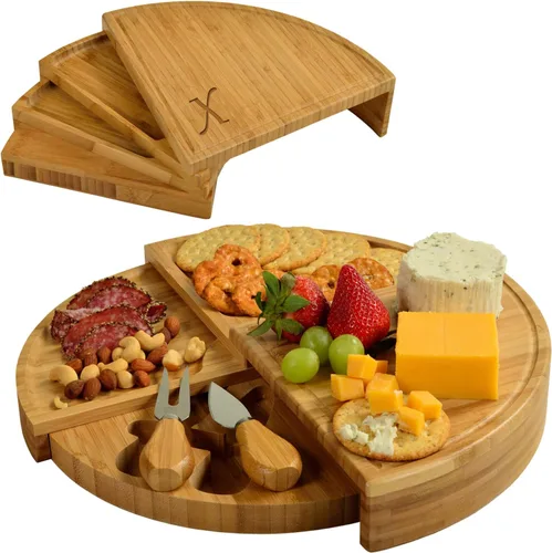 Vista 17 de Tabla Picnic at Ascot de bambú, para aperitivos, con herramientas para queso, espirales de una cuña compacta de 13 pulgadas de diámetro, patentado