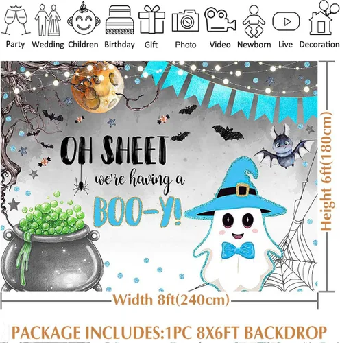 Vista 3 de Avezano Telón de fondo de Halloween para baby shower, con texto en inglés "We Having a Boo-y", lindo fantasma azul, decoración de baby shower