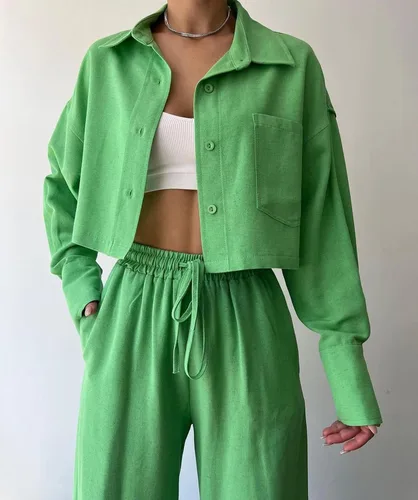 Vista 2 de GXFGZZRS Womens Two Piece Outfits Summer Button Down Long Sleeve Cropped Shirt Blouse and Drawstring Long Pants Linen Set