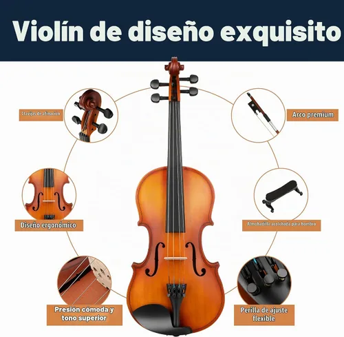 Vista 5 de Mendini 1/2 MV Violín de madera maciza con estuche rígido, soporte para los hombros, arco, colofonia y cuerdas adicionales Satén Antiguo