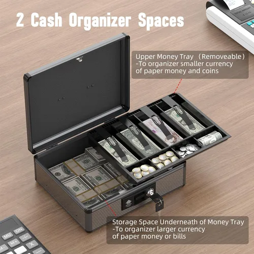 Vista 2 de Caja de Efectivo con Cerradura con Bandeja para Dinero y Llave, Caja Fuerte Segura para Efectivo, Caja de Dinero Portátil con Espacios