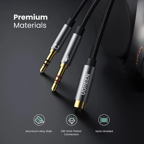 Vista 7 de UGREEN divisor de auriculares para computadora con hembra de 3.5 mm a 2 machos dobles de 3.5 mm, cable divisor de audio trenzado, conector