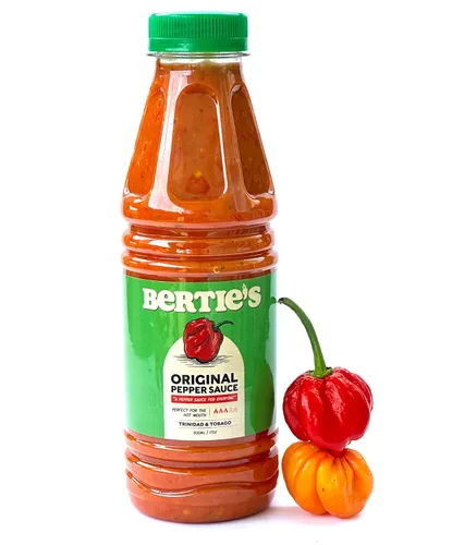 Vista 9 de Bertie's Salsa de pimienta original (10 onzas/10.1 fl oz), gran sabor y calor, hecha con pimientos amarillos frescos de Trinidad Moruga Red y Scotch