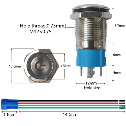 Vista 3 de Gebildet Interruptor de botón de bloqueo automático de acero inoxidable de 0.47 pulgadas/0.472 in, 12 V-24 V, 3 A, símbolo de alimentación, LED
