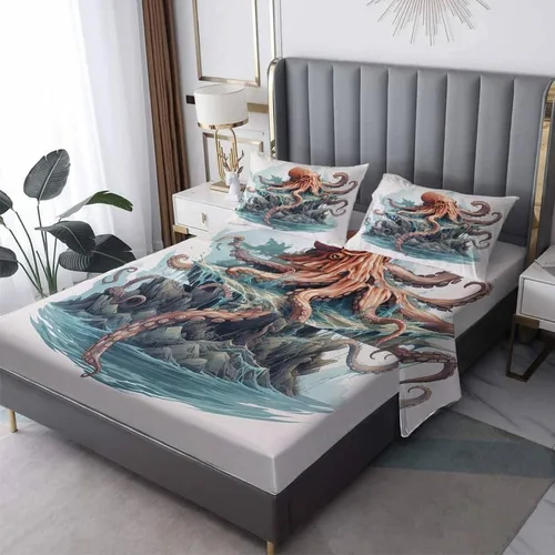 Vista 8 de Octopus Sheets - Juego de sábanas de tamaño individual, sábanas de microfibra suave, bolsillo profundo, sábanas y fundas de almohada estampadas sin