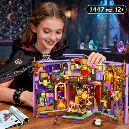 Vista 4 de INSOON Juego de construcción mejorado de rincón de libro de adivinación mística con luces recargables, 1447 piezas kit de bloques de construcción