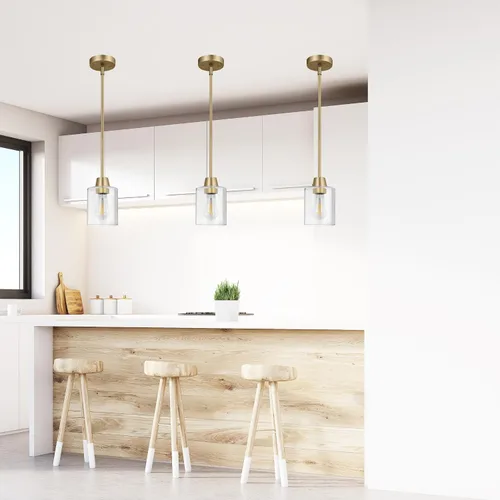 Vista 8 de Paquete de 3 luces colgantes de latón para isla de cocina, lámpara moderna dorada de cristal transparente, varillas ajustables con múltiples