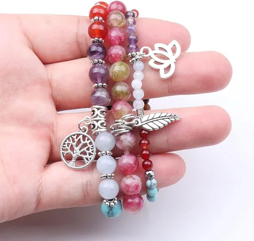 Vista 4 de UEUC - Pulseras Reiki, apilables, de piedras curativas, cristales, con dije del árbol de la vida, yoga y hoja de loto, contra la ansiedad