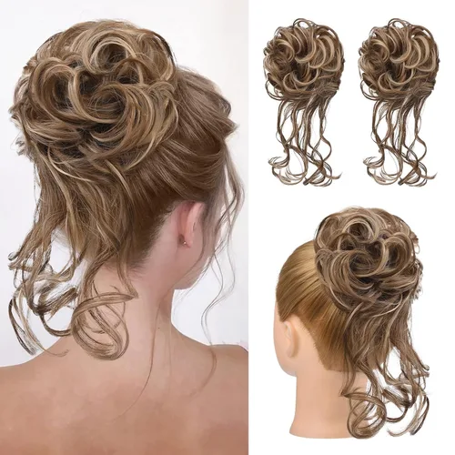 Vista 8 de HOOJIH 2 piezas de extensiones de cabello estilo moño despeinado, extensiones de cabello rizado y ondulado con tiras, cola de caballo, horquillas