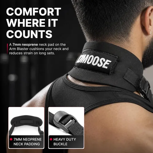 Vista 6 de DMoose Fitness Brazo Blaster para bíceps y tríceps – Aluminio resistente, acolchado suave para el cuello y correas ajustables – Soporte de rizo