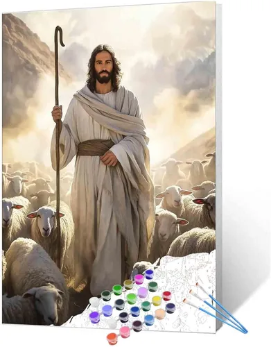 Vista 13 de Everyone Gathered Around Jesus - Pintura por números para adultos, principiantes, niños, kit de pintura al óleo sobre lienzo con pinceles, pigmento