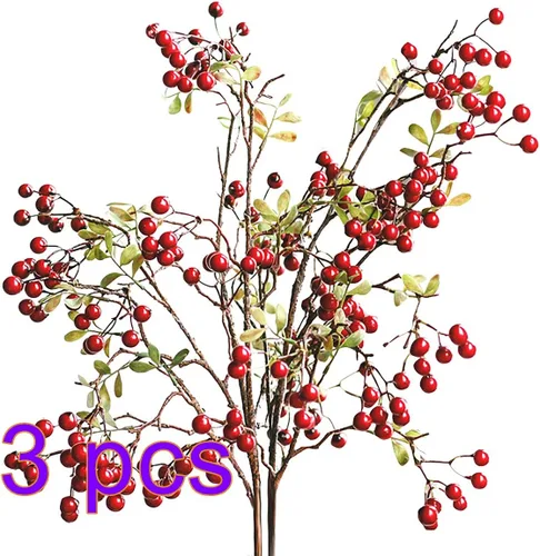 Vista 2 de Paquete de 3 tallos artificiales de bayas rojas, ramo de flores artificiales de 27.5 pulgadas para centro de mesa, jarrón, hogar, boda, Navidad