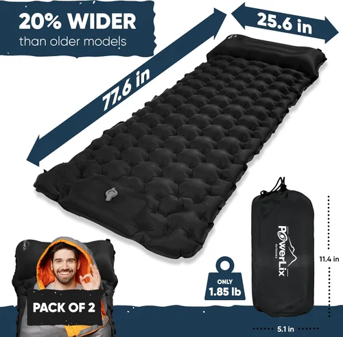 Vista 5 de POWERLIX Paquete de 2 almohadillas para dormir para acampar, con almohada integrada, colchoneta inflable para campamento, ligera, compacta