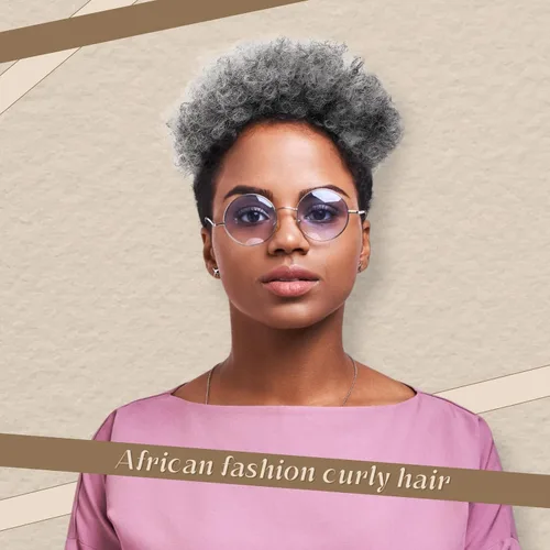 Vista 5 de WILLBOND 2 piezas de cola de caballo afro con cordón para mujer, pelo sintético corto y rizado, extensión de moño afro, extensiones de cabello Gris