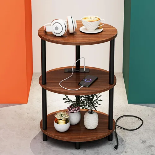 Vista 19 de Mesa auxiliar redonda pequeña, mesa decorativa ovalada de 3 niveles para espacios pequeños, mesita de noche de madera rústica y metal para sala