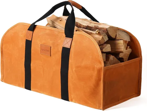 Vista 10 de Transportador de madera para leña con asas, bolsa honda plegable de lona de 16 onzas para leña, bolsa de transporte de troncos pesados de calidad