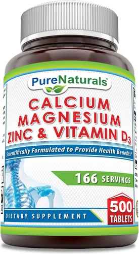 Vista 4 de Pure Naturals Suplemento de calcio y magnesio y zinc con vitamina D3 Calcio 1000 mg, magnesio 400 mg, zinc 25 mg, vitamina D3 600 UI Sin OMG