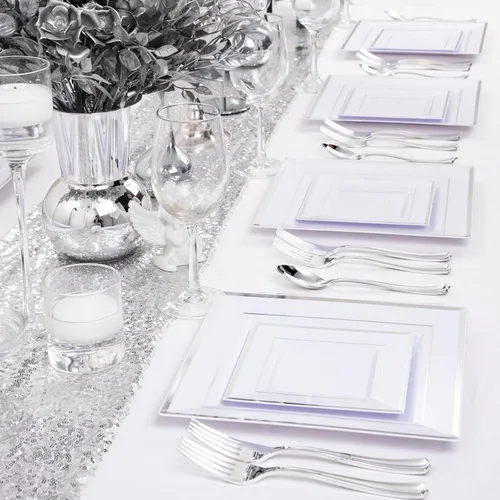 Vista 7 de Liacere 100 platos cuadrados de plástico blanco y plateado, 50 platos de cena blancos resistentes de 9.5 pulgadas y 50 platos de postre de 6 Blanco