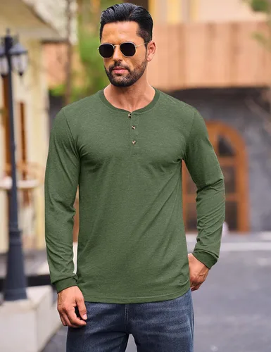 Vista 3 de Cotrasen Camisas Henley de Manga Larga para Hombre Camisetas de Algodón con 3 Botones Tops Casuales Básicos de Moda