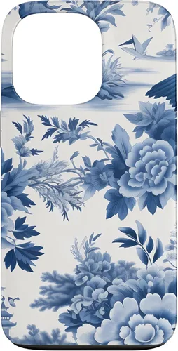 Vista 10 de iPhone 16 White and blue Chinoiserie Botanical Floral Bird Classic Case