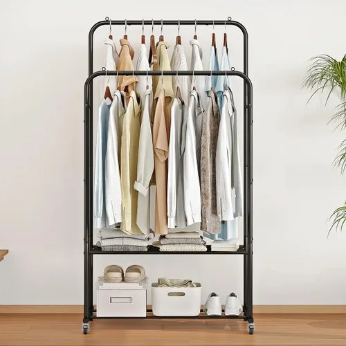 Vista 2 de SUOERNUO Perchero con ruedas para ropa, estante para colgar ropa resistente, estante metálico enrollable para dormitorio, armario (Negro)