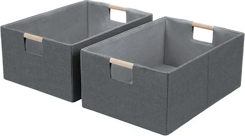 Vista 13 de Cubos de almacenamiento plegables de tela, cestas de almacenamiento de tela con asas de madera, cubos organizadores de armario de estantes, cajas