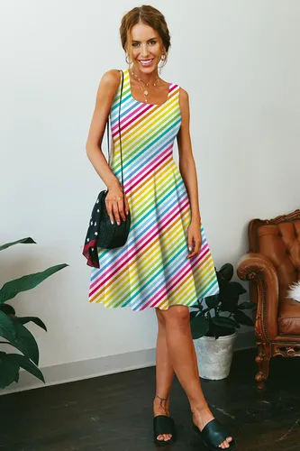 Vista 3 de uideazone - Vestido de mujer sin mangas cuello redondo de verano, para playa, casual, Midi línea A.