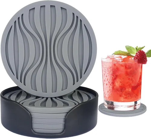 Vista 20 de Paquete de 6 posavasos para bebidas con soporte, tapete de silicona antideslizante, posavasos de goma vivos para bebidas calientes o frías, se